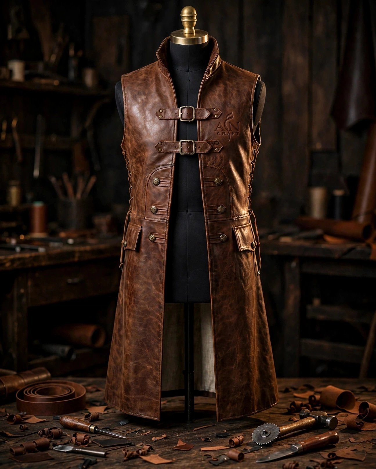 Artisan leather vest coat in the AعN CRAFT atelier